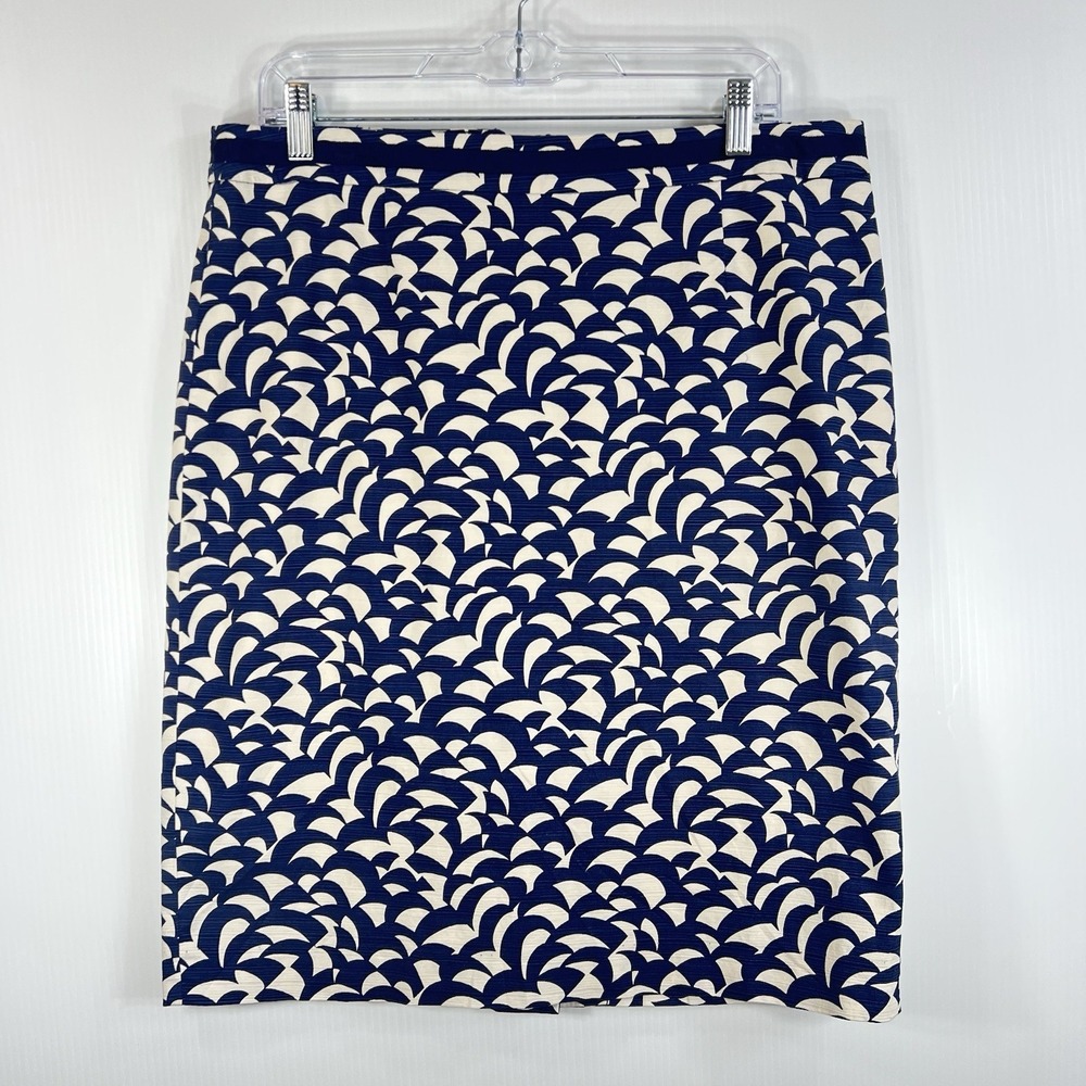 Boden Modern‎ Pencil Skirt Sz 12 Blue White Geometric Print Lined Artsy Workwear